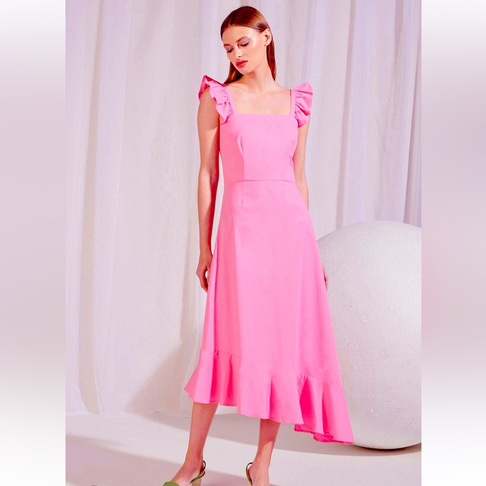 NWT STAUD Valentina Pink Ruffle Hem Dress Size 10